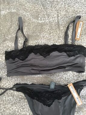 SKIMS Charcoal Satin Bralette & Bikini Set with Black Lace Trim